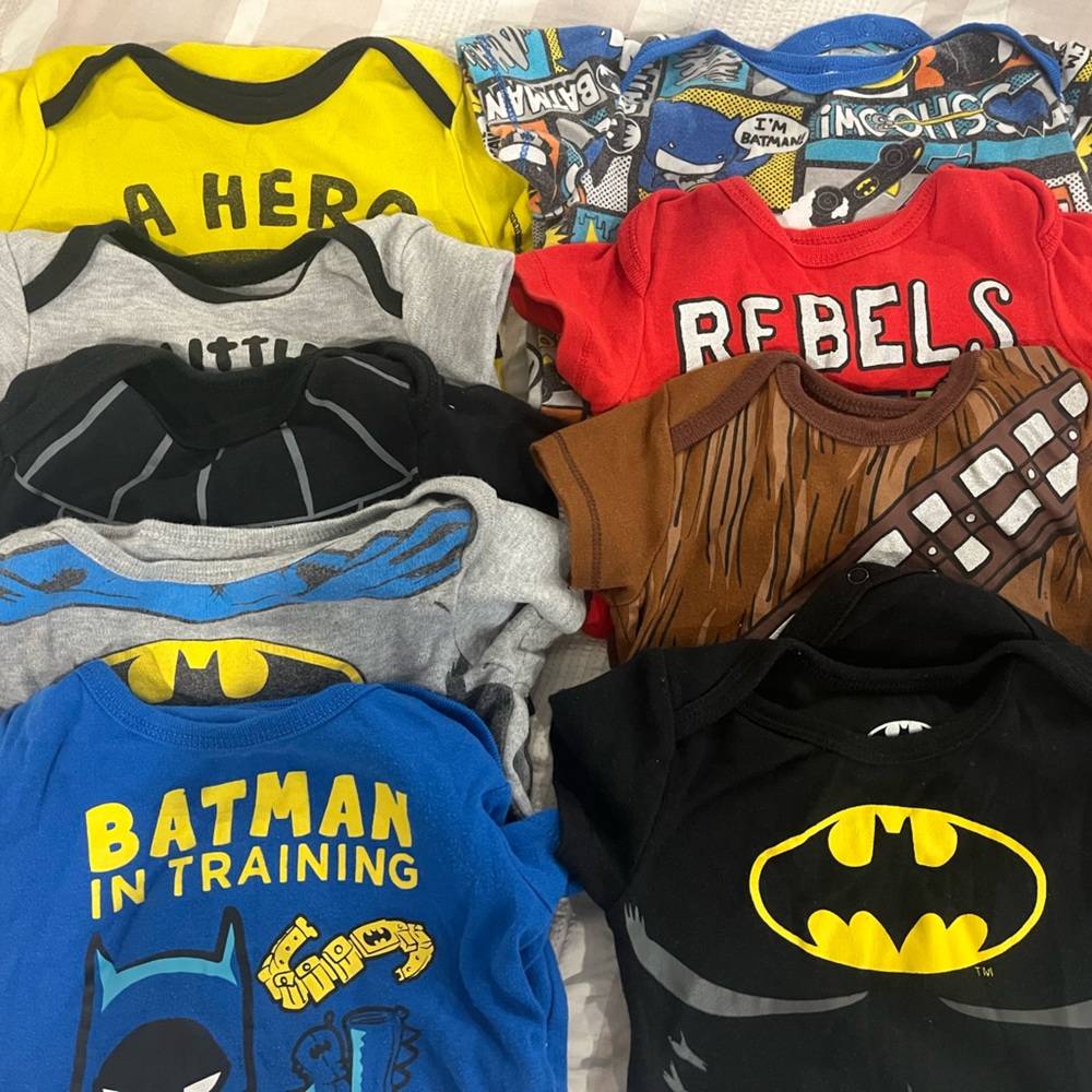 Batman and Star Wars Themed 12 month baby onesies